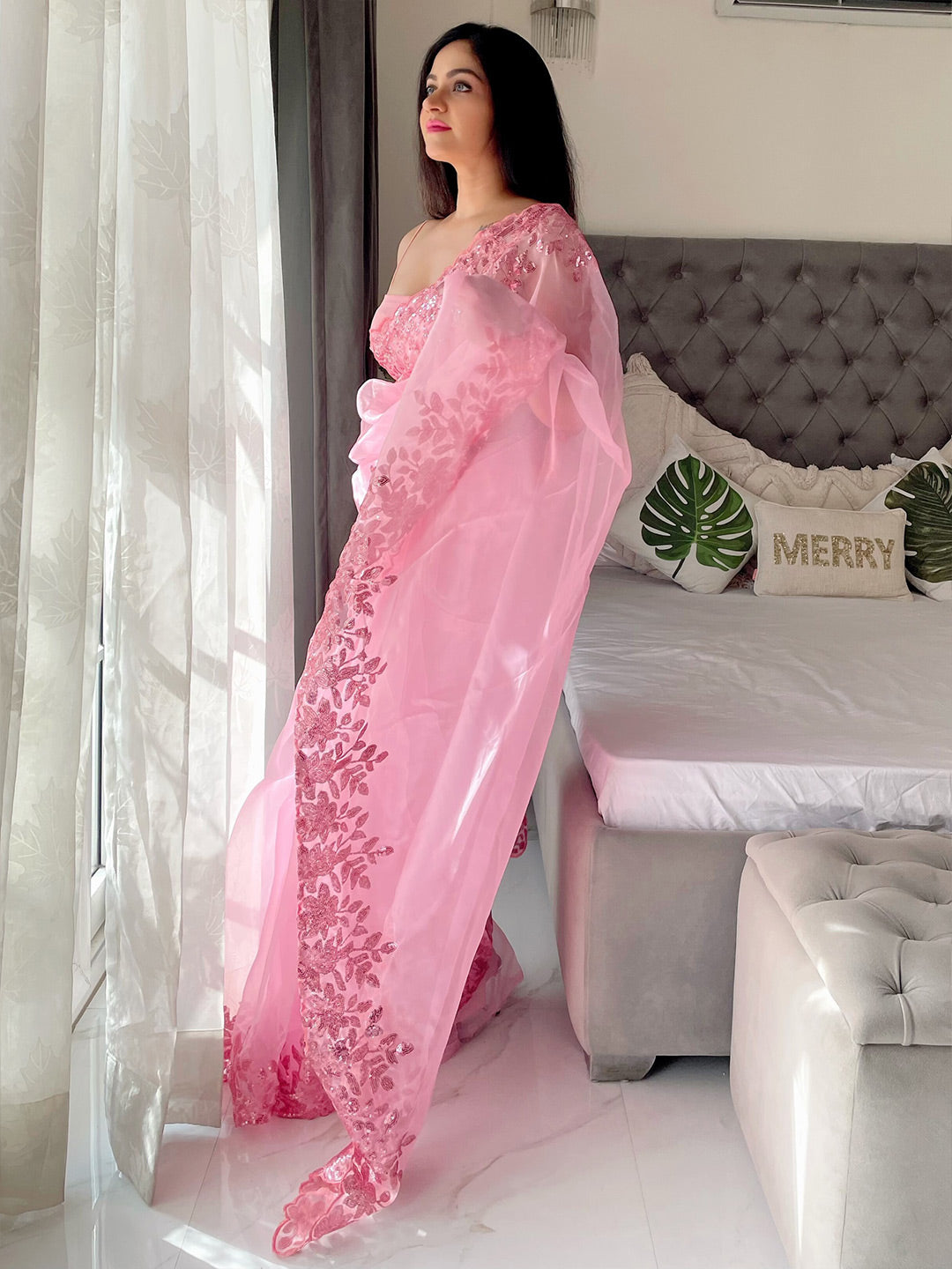 Anouk Sequinned Embellished Border Organza Saree - Distacart