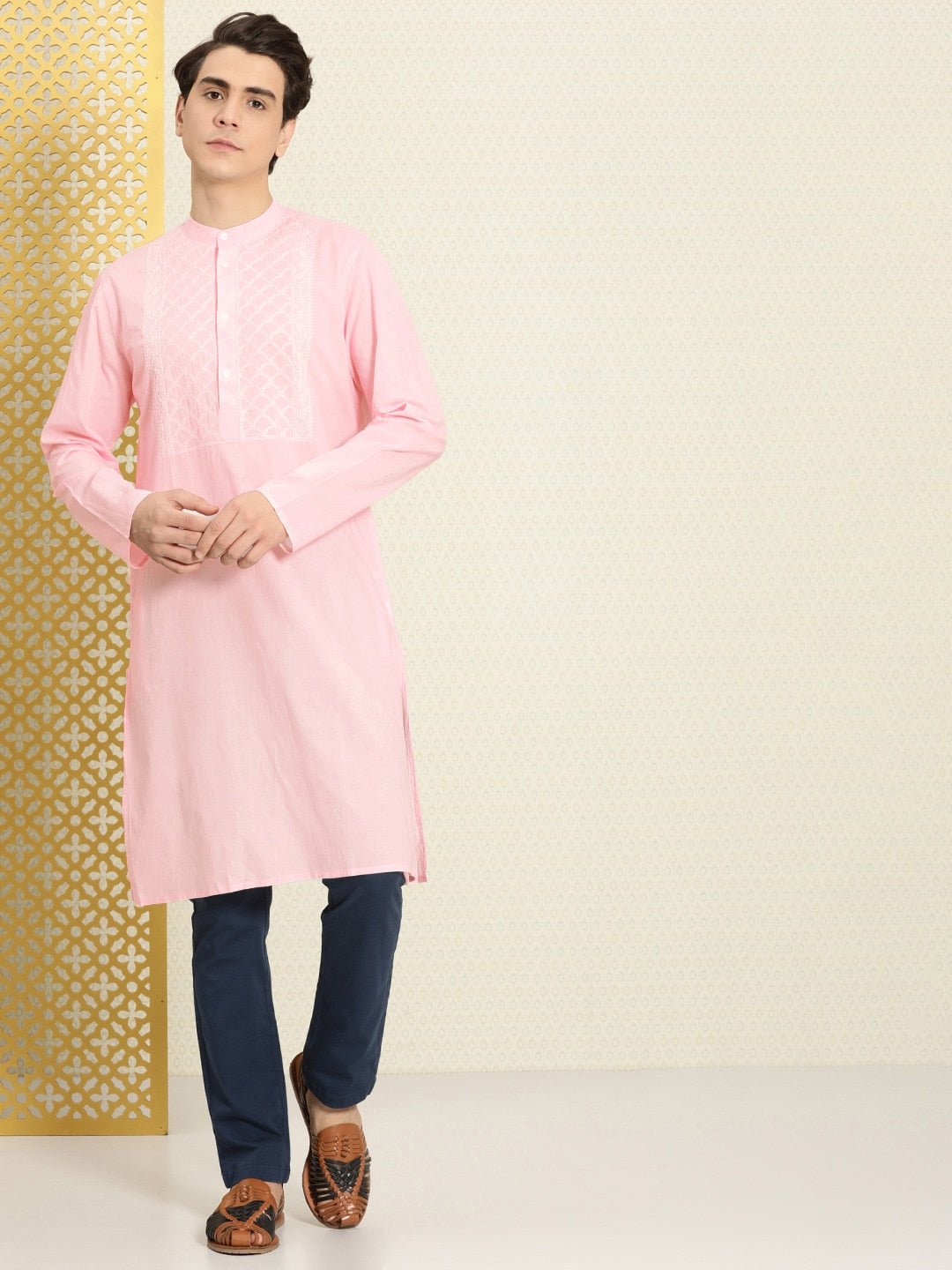 House of Pataudi Men Chikankari Yoke Design Pastels Pure Cotton Rozana Kurta - Distacart