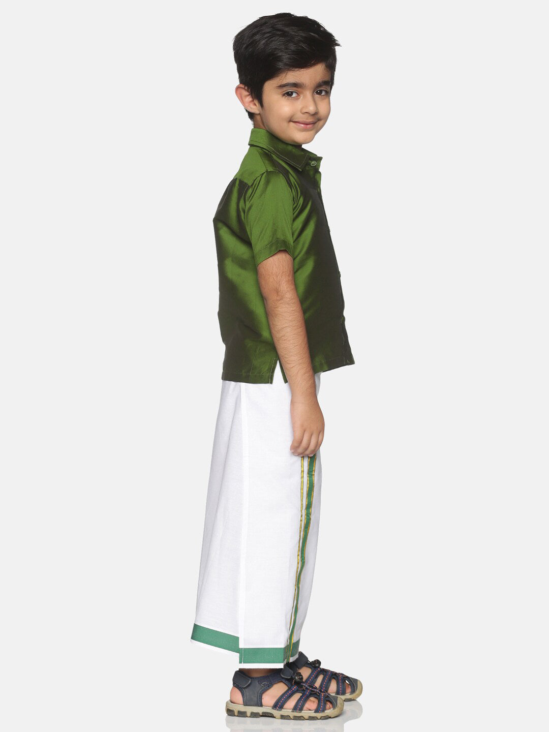 Sethukrishna Boys Olive Green & White Solid Shirt and Veshti Set - Distacart