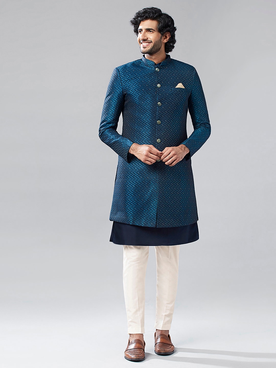 KISAH Self-Design Cotton Sherwani Set - Distacart