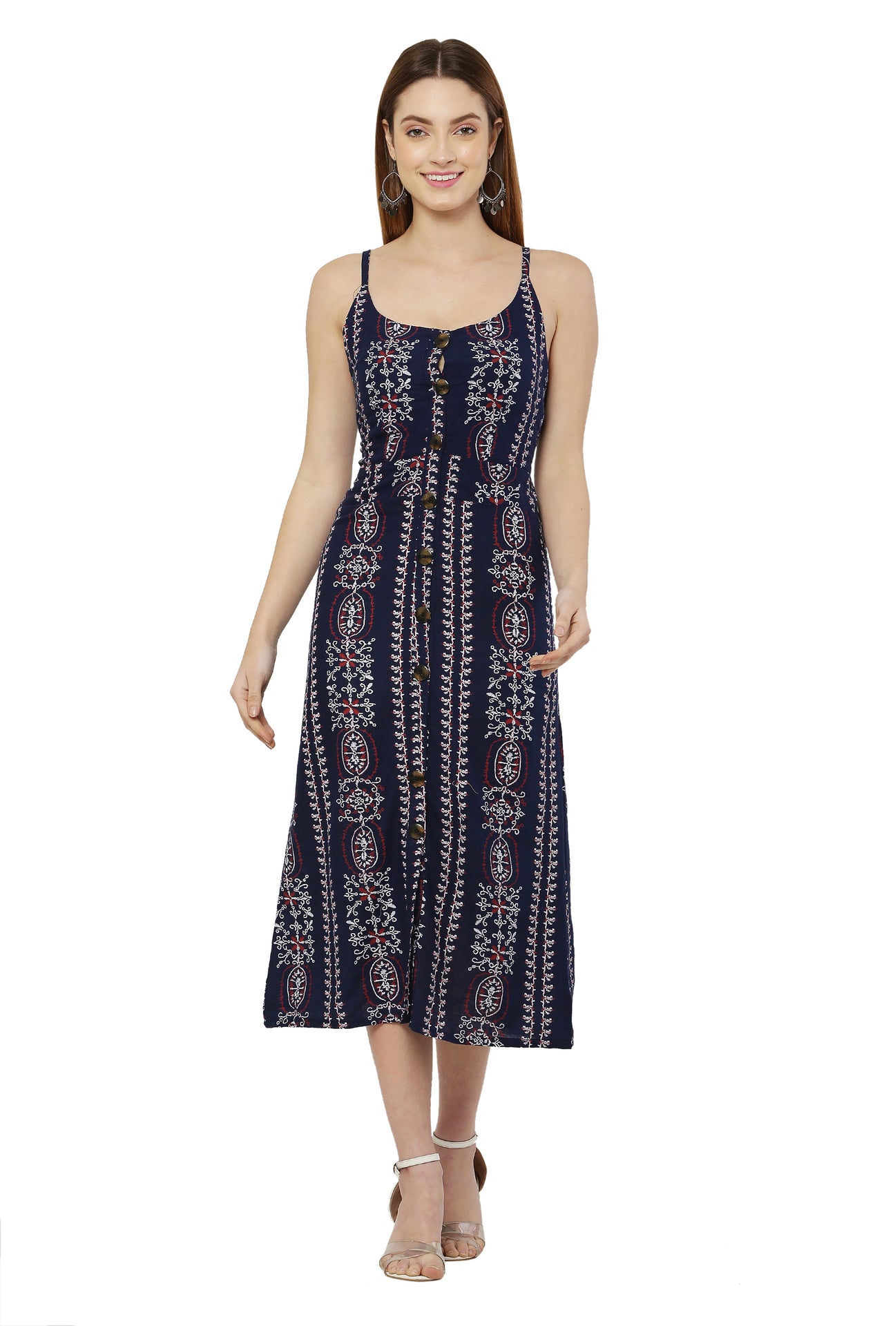 PAVONINE Navy Blue Color Printed Shoulder Strap Dress For Women - Distacart