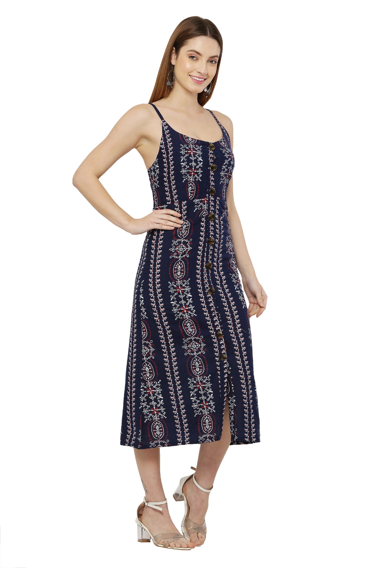 PAVONINE Navy Blue Color Printed Shoulder Strap Dress For Women - Distacart