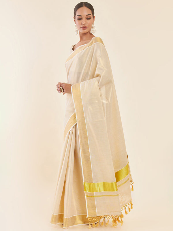 Buy Soch Off White & Gold-Toned Zari Tissue Kasavu Saree Online at Best ...