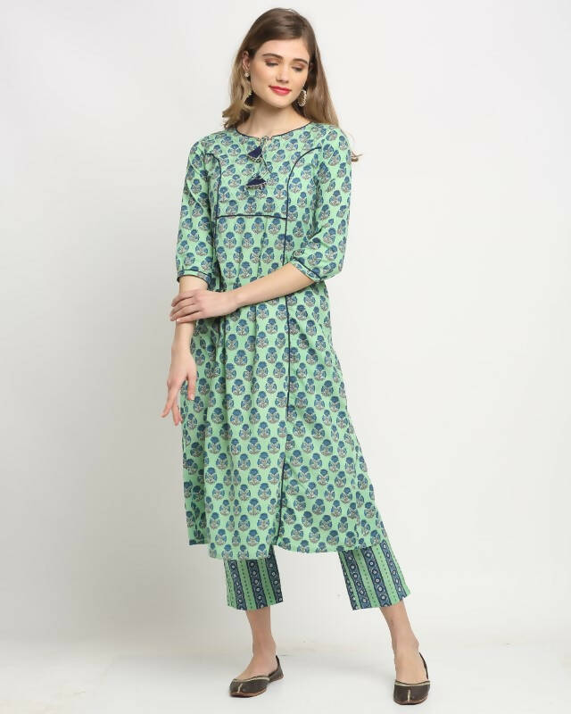 Aastha Fashion Women's Pista Green Cotton Jaipuri Printed Kurta with Trouser & Dupatta - Distacart