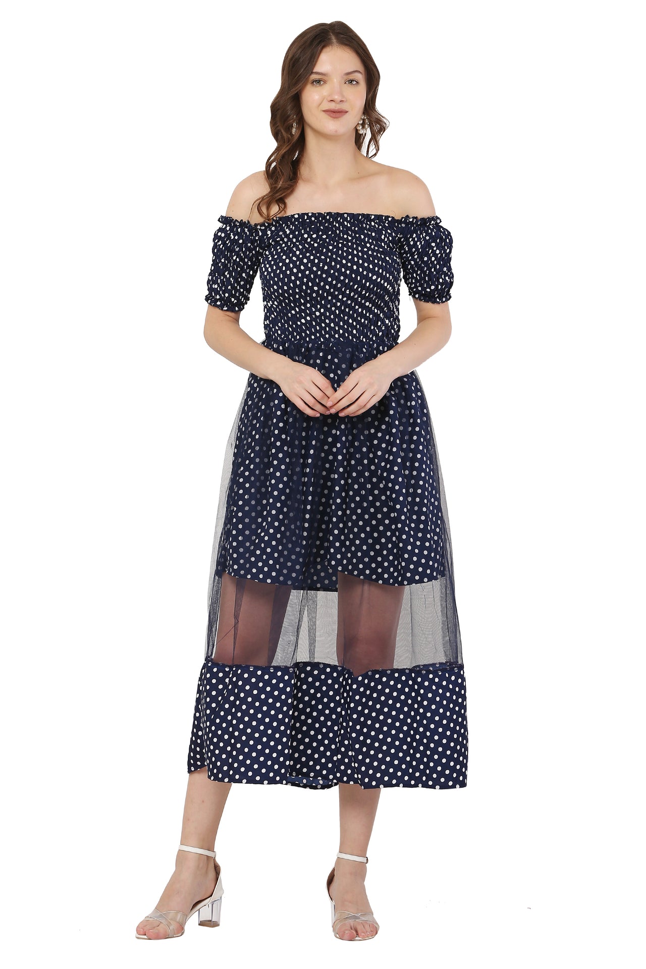 PAVONINE Navy Blue Color Polka Dot Net Kansai Dress For Women - Distacart