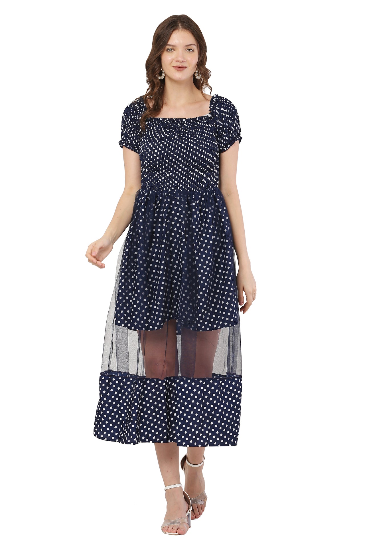 PAVONINE Navy Blue Color Polka Dot Net Kansai Dress For Women - Distacart