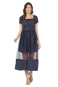 Thumbnail for PAVONINE Navy Blue Color Polka Dot Net Kansai Dress For Women - Distacart