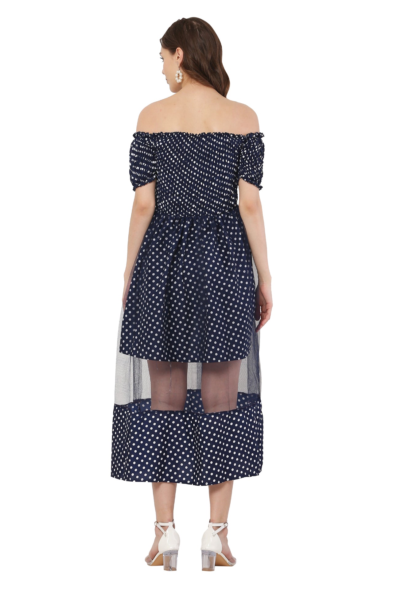 PAVONINE Navy Blue Color Polka Dot Net Kansai Dress For Women - Distacart