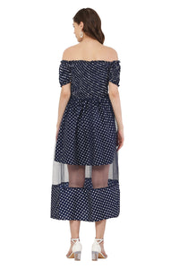 Thumbnail for PAVONINE Navy Blue Color Polka Dot Net Kansai Dress For Women - Distacart