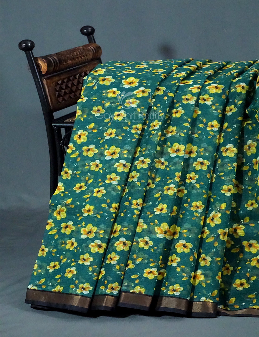 Peacock Green Colour Block Print Pure Kota Cotton Saree By Gayathri Reddy Designer Studio - Distacart