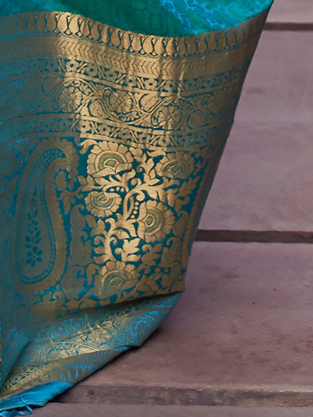 Mitera Teal & Gold-Toned Bagh Pure Silk Banarasi Saree - Distacart