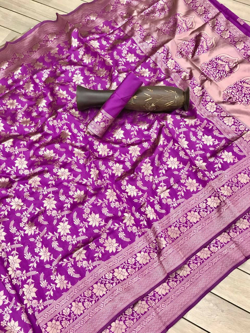 DEIANA'S Beautiful Golden Jari with New Design Soft Lichi Silk Saree - Wine - Distacart