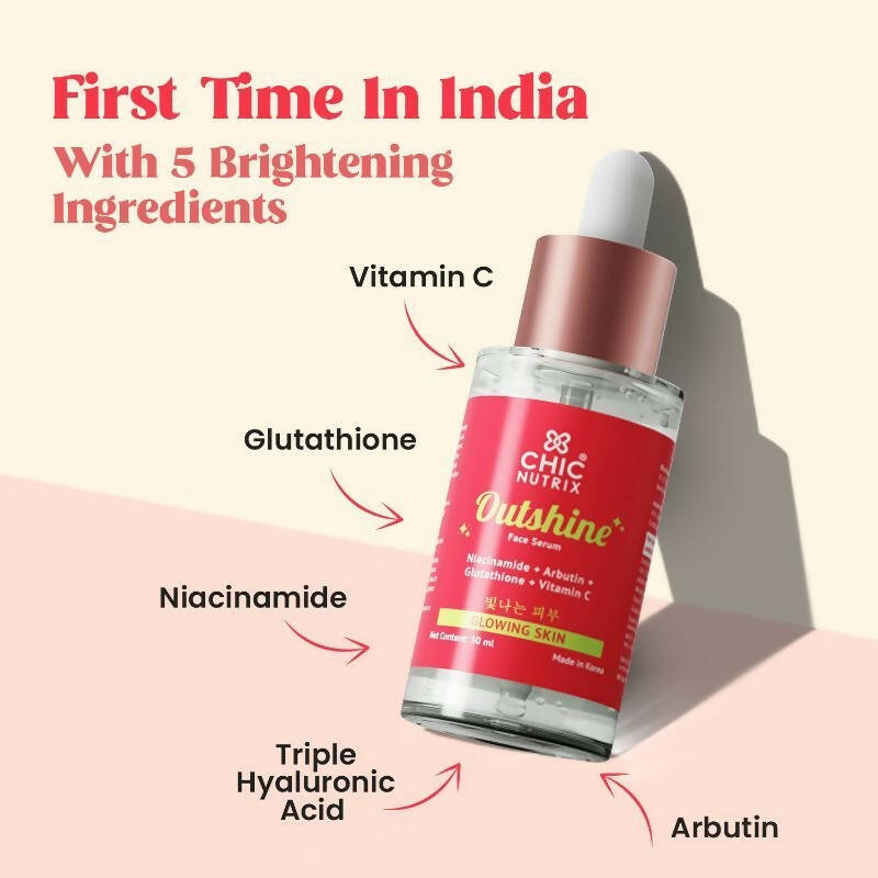 Chicnutrix Outshine Face Serum - Niacinamide + Vitamin C + Glutathione + Arbutin - Glowing Skin - Distacart