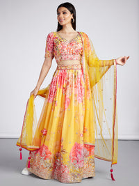 Thumbnail for House of Panchhi Yellow Colour Organza Floral Design Digital Print Lehenga Choli & Dupatta - Distacart