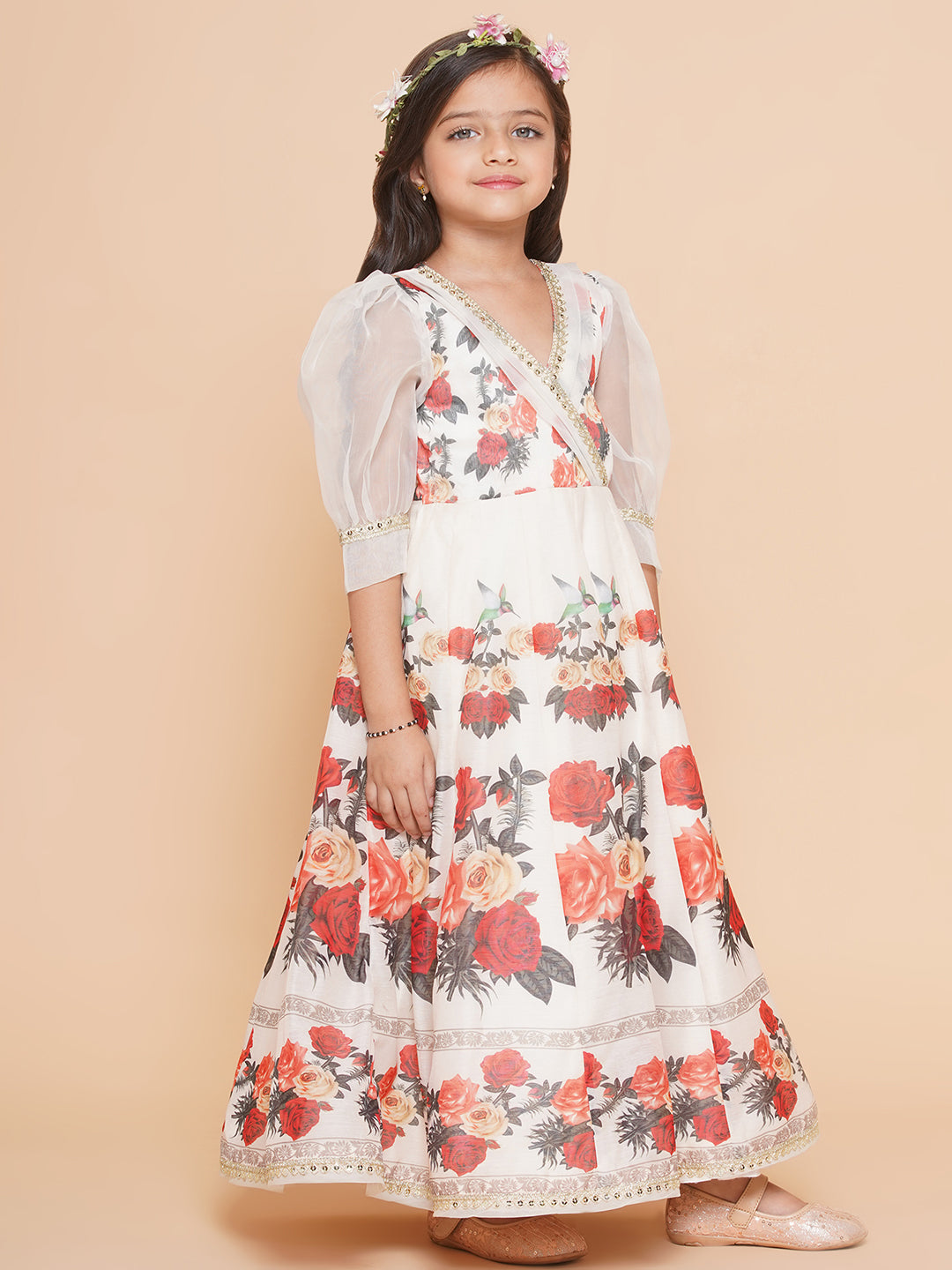 Girls Beige digital printed Maxi Dress for Kids - Bhama - Distacart