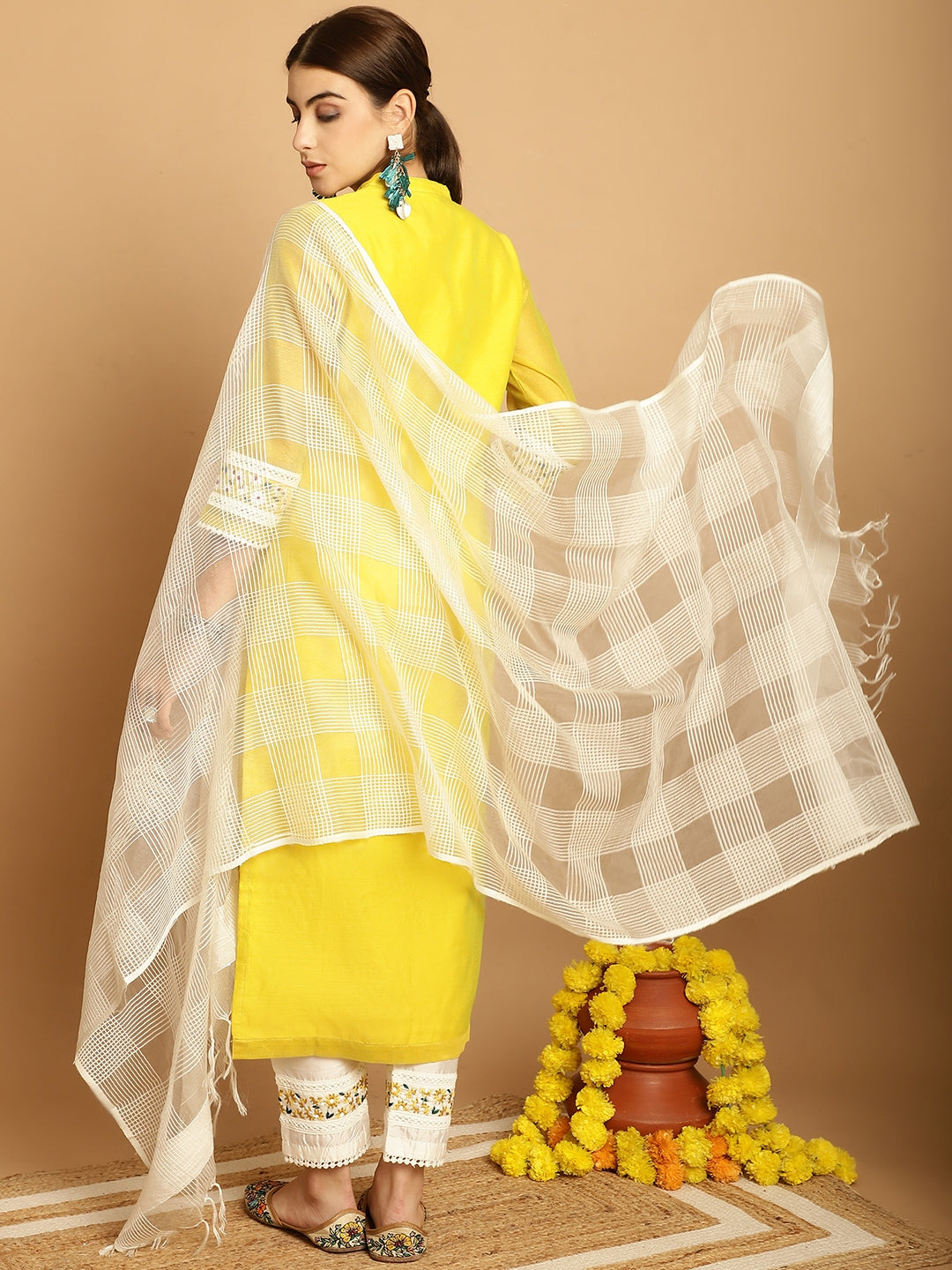 NOZ2TOZ Women Lemon Yellow Chanderi Trouser Dupatta Set - Distacart