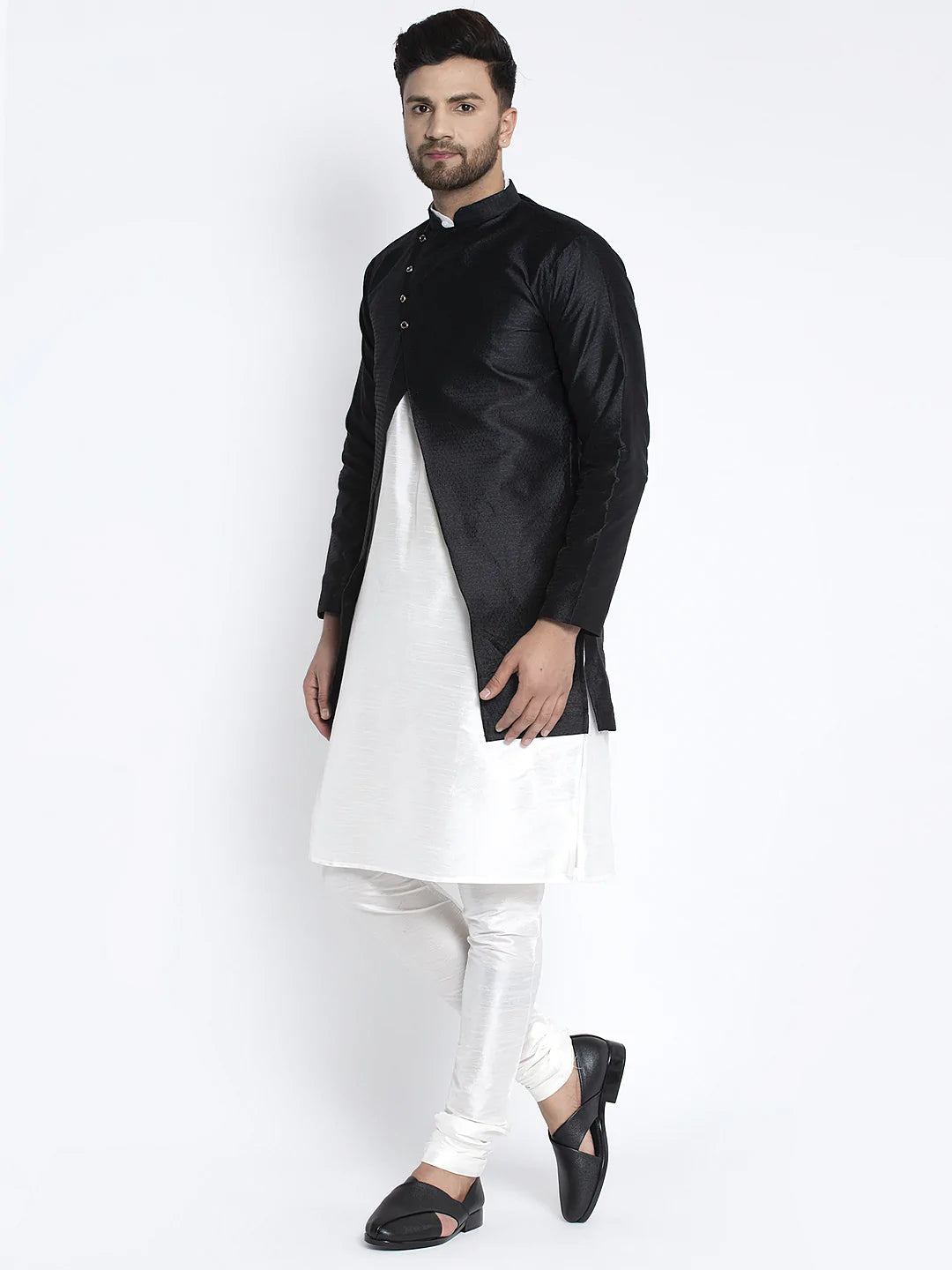Silk Dupion Kurta Pajama With Jacket In White Black Colour