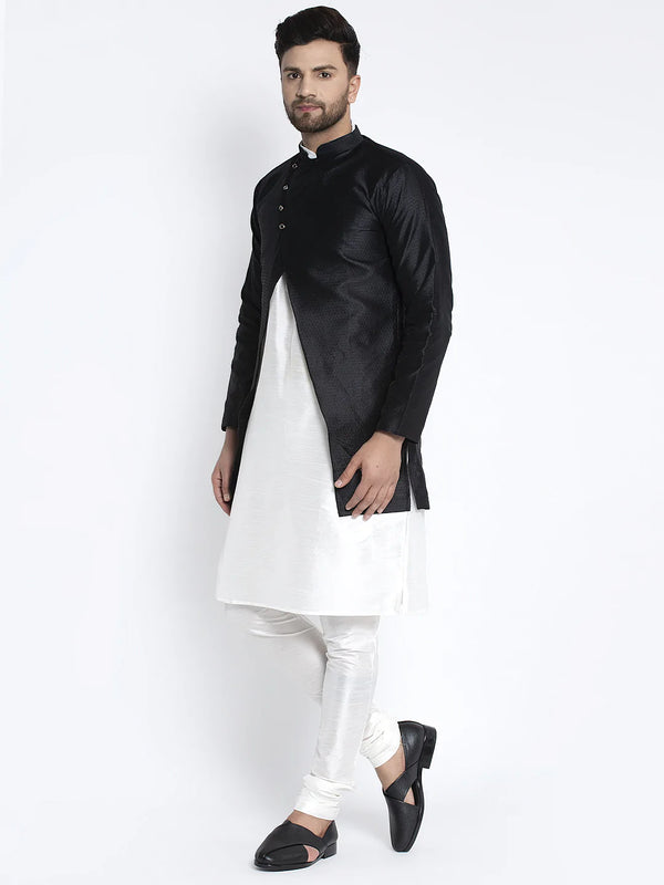 Buy Benstoke Men Silk Blend Black Kurta with Churidar & White Printed Nehru  Jacket (Set of 3) online
