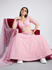 Thumbnail for House of Panchhi Pink Net Sequins, Zarkan And Thread Embroidery Lehenga Choli & Dupatta - Distacart