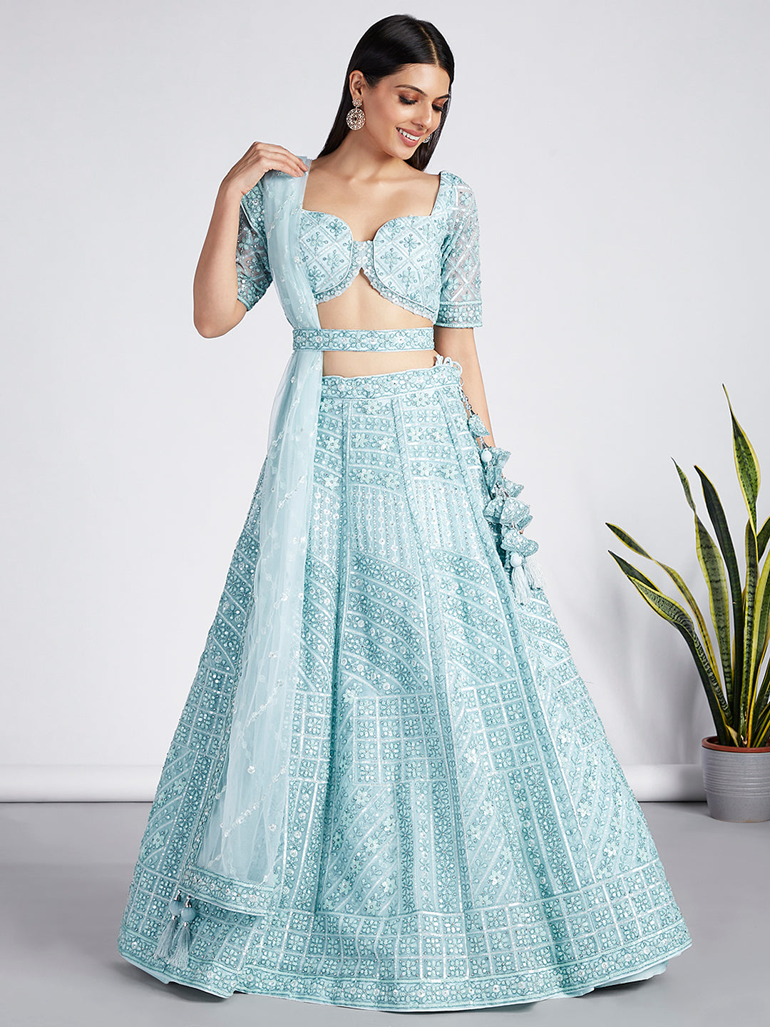 Turquoise Blue Heavy Work Net Bridal Lehenga Choli at Rs.6499/Piece in  jabalpur offer by Roopkiran Saree Showroom