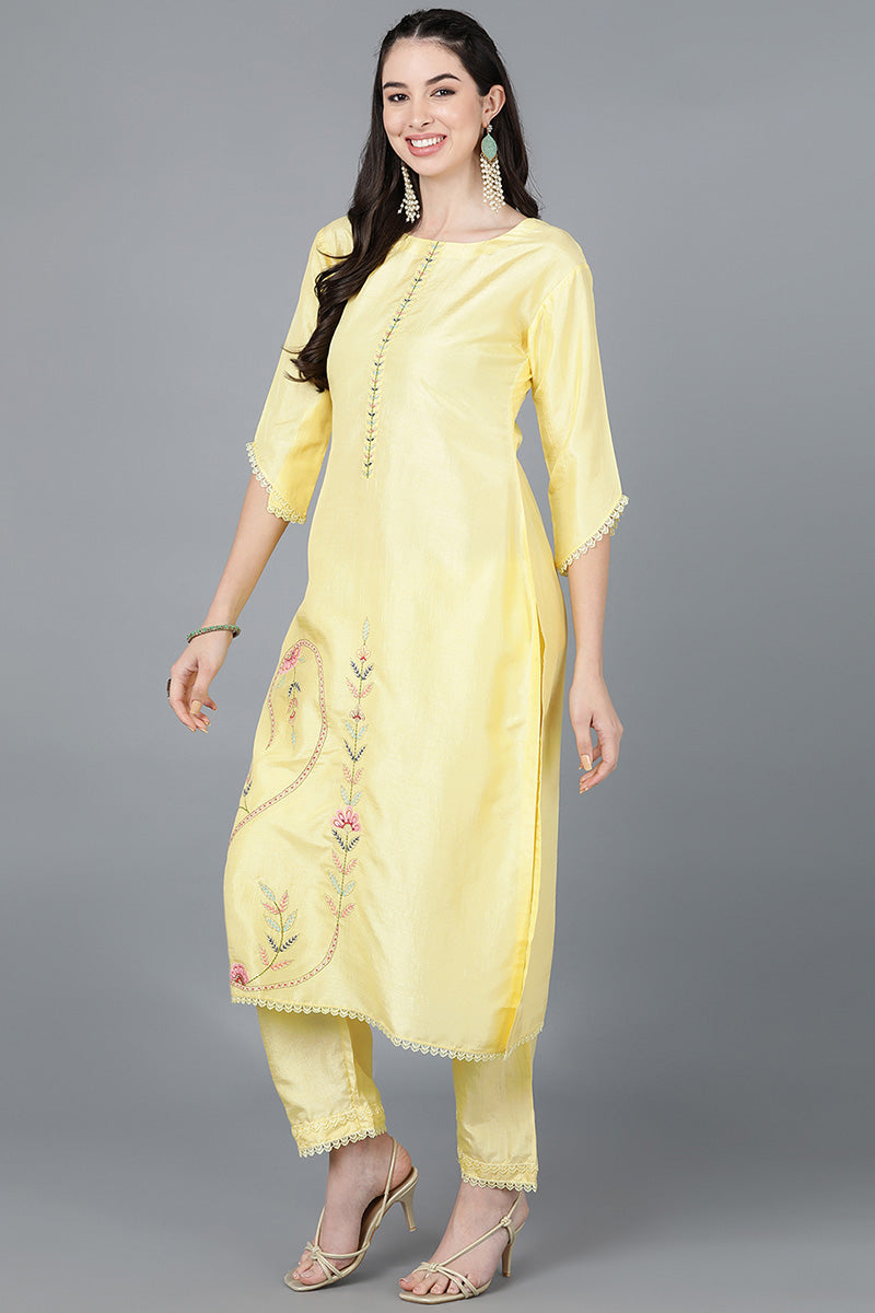 Women's Yellow Poly Silk Straight Kurta Pant With Dupatta - Rasiya - Distacart