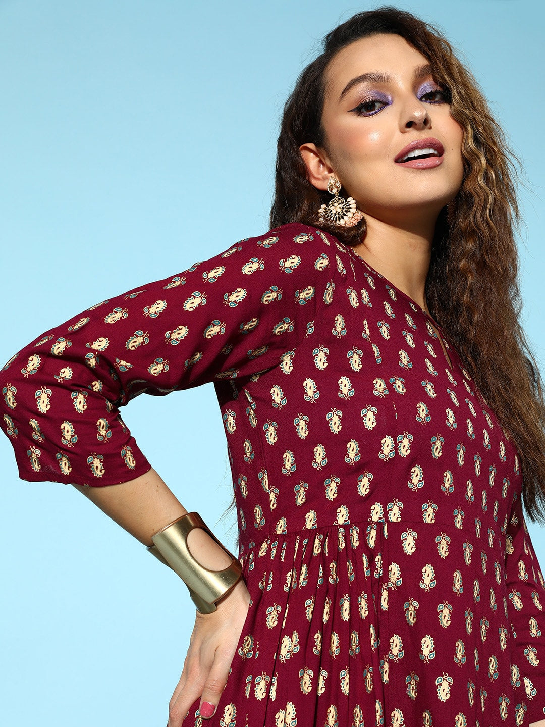 All About You Carmine Maroon Printed A-Line Veere Di Wedding Kurta with Palazzos - Distacart