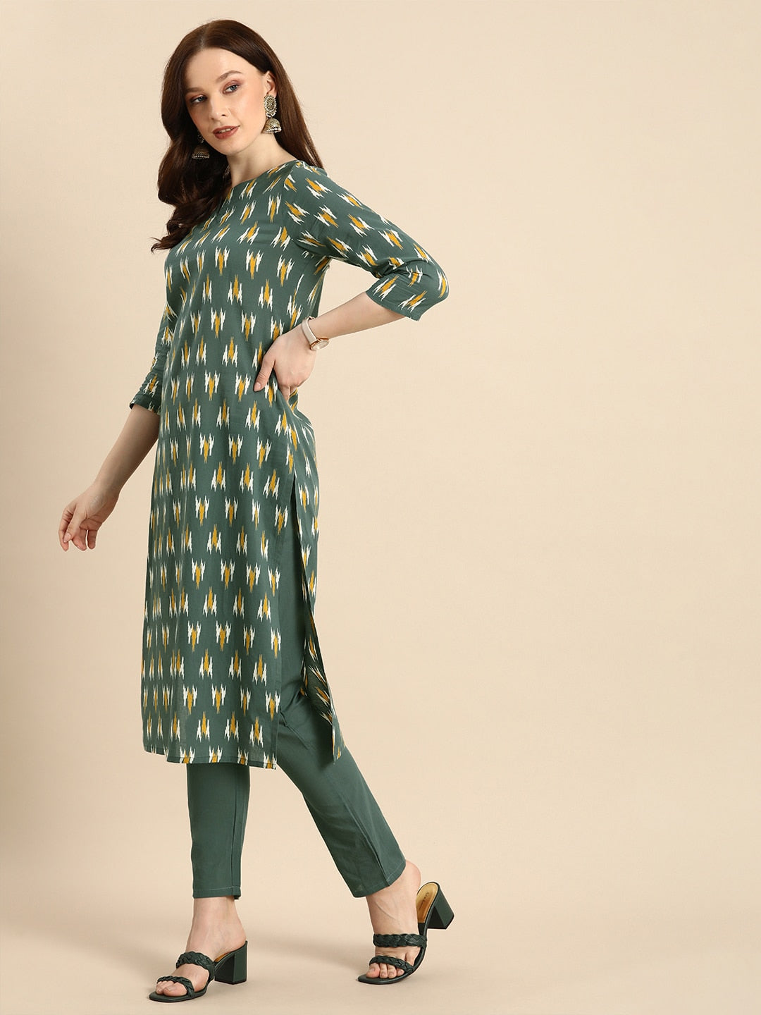 All About You Women Grey Ikat Printed Pure Cotton Kurta with Trousers & Dupatta - Distacart