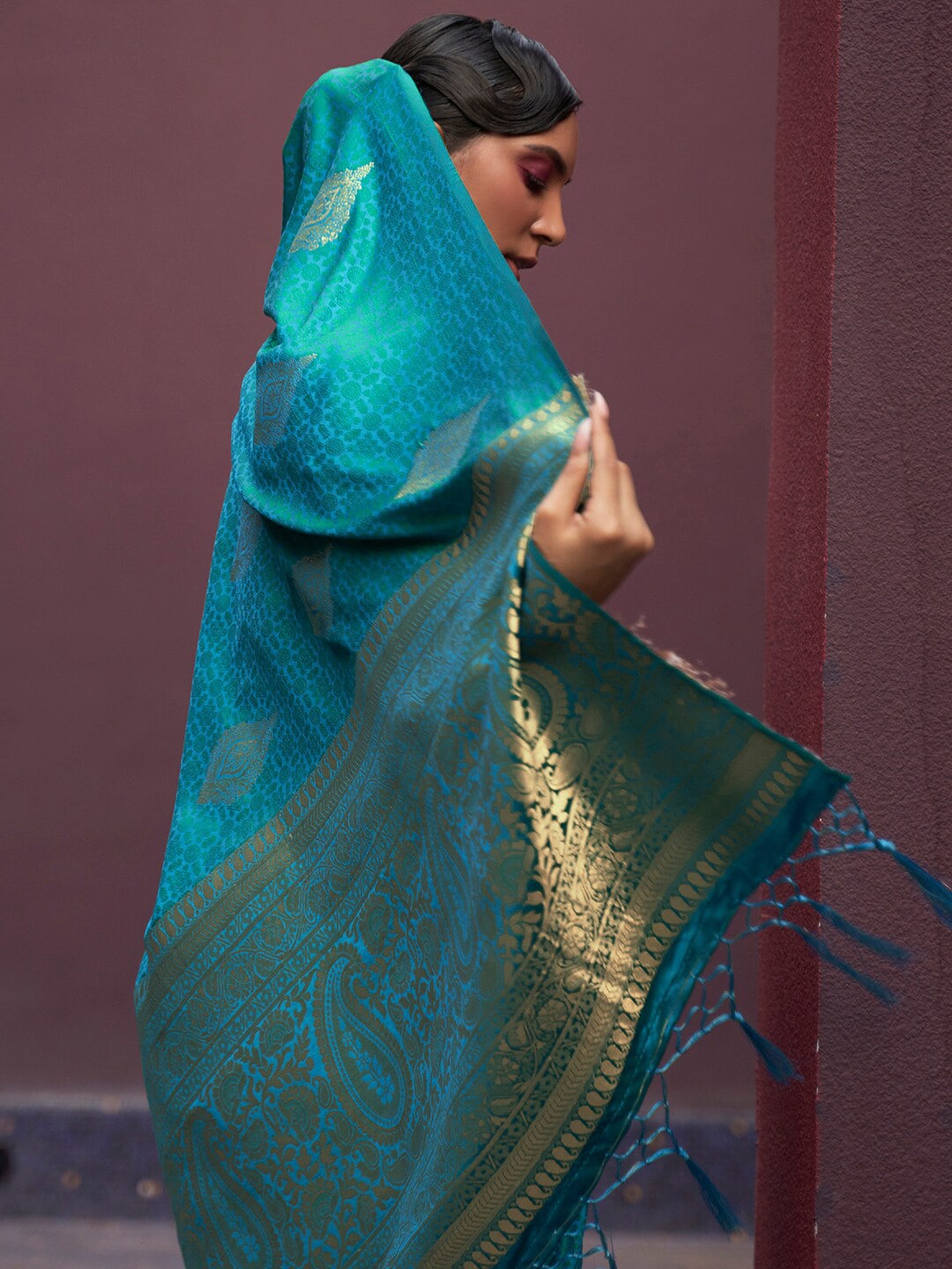 Mitera Teal & Gold-Toned Bagh Pure Silk Banarasi Saree - Distacart