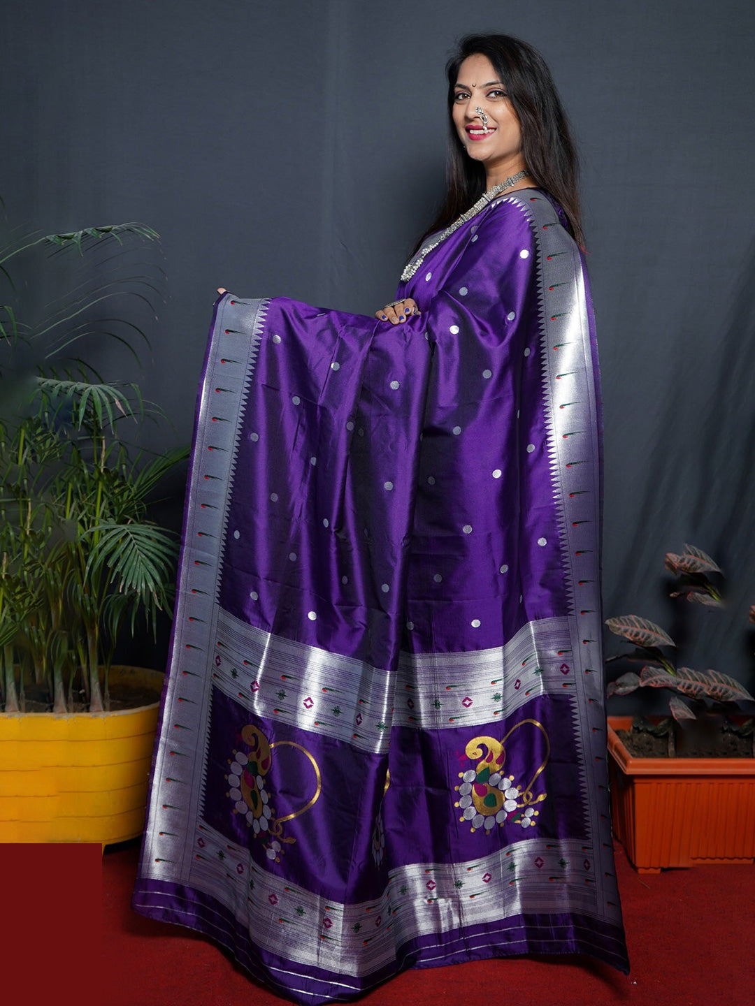 Gold handloom Paithani Saree with multicolor floral design, contrast muniya  border & pallu with intricate floral design