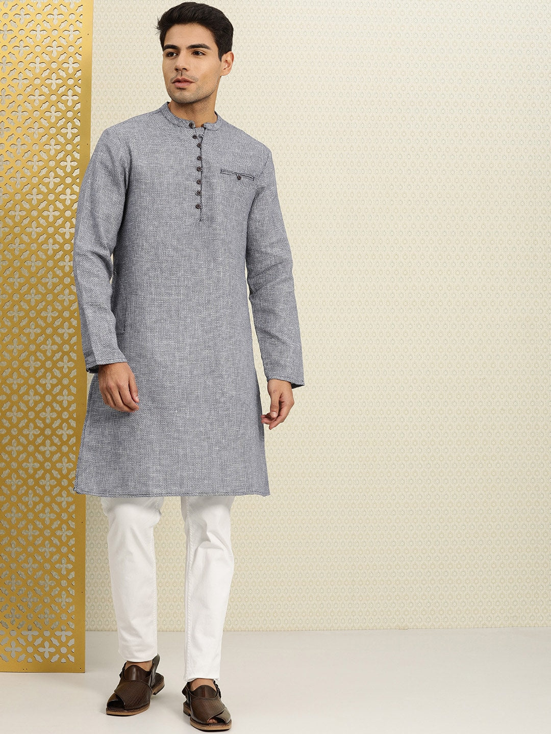 House of Pataudi Men Navy Blue & White Woven Design Straight Kurta - Distacart