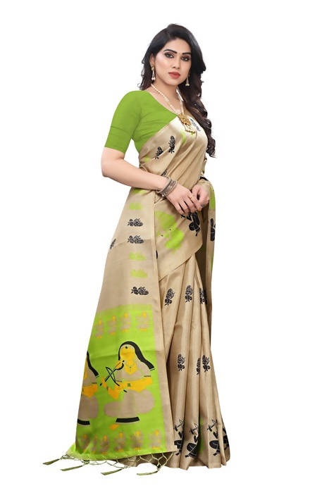 Vamika Brown Kalamkari Print With Jhalar Khadi Silk Saree (SHABRI GREEN)