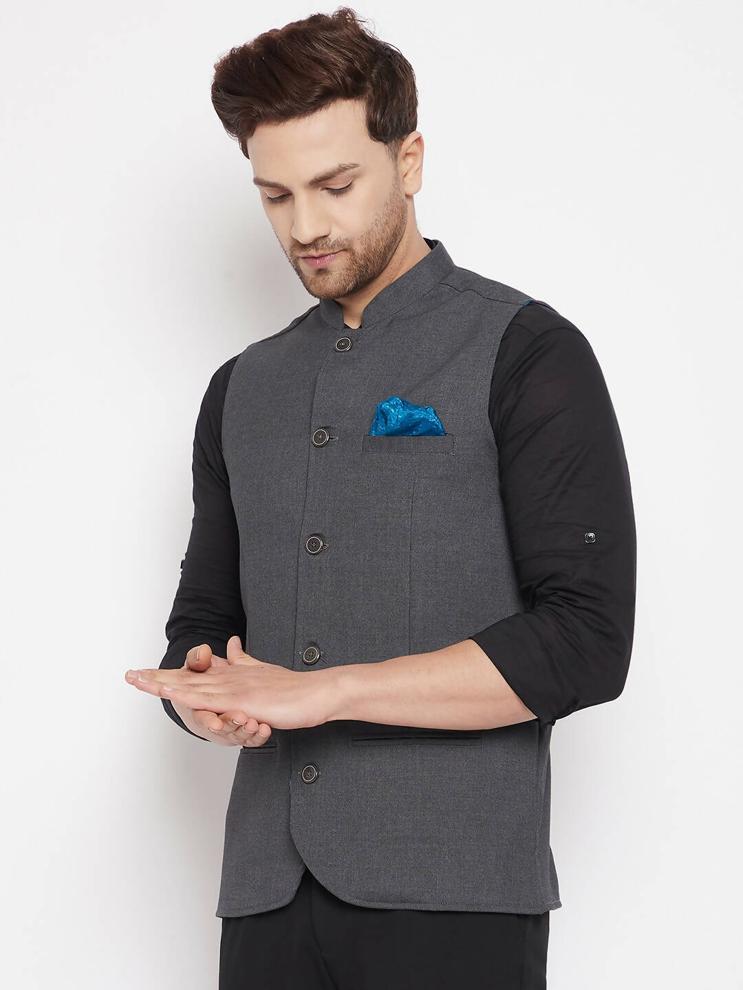 Even Apparels Grey Merino Men's Nehru Jacket-Contrast Lining-Free Pocket Square PW691 - Distacart