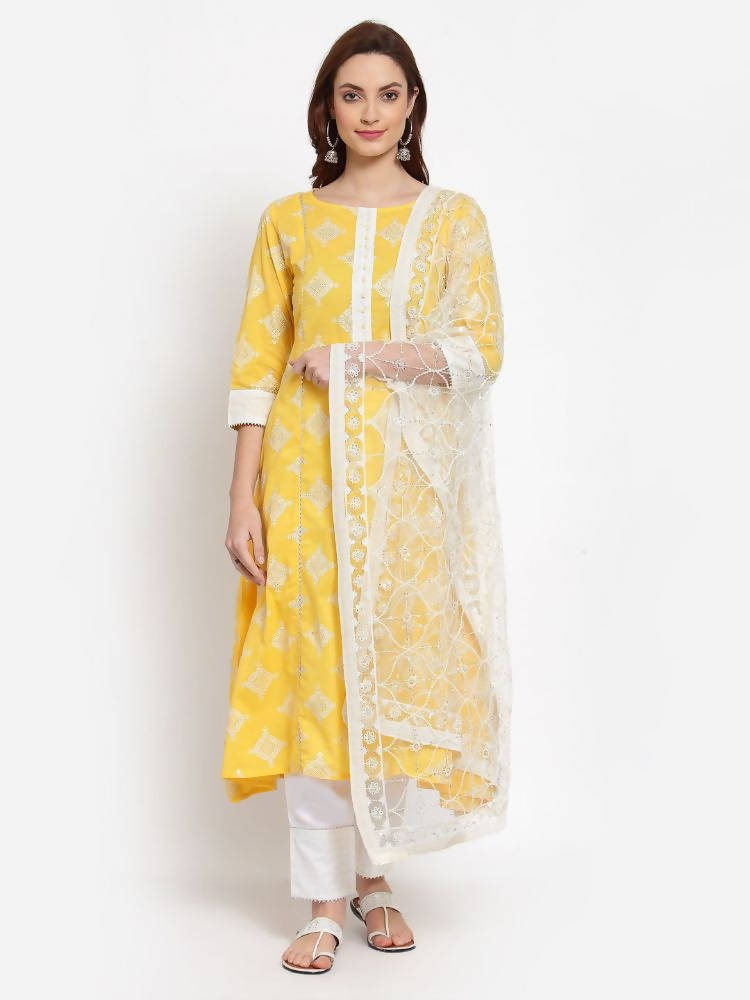 Myshka Women's Yellow Printed Cotton 3/4 Sleeve Round Neck Casual Kurta Pant Dupatta Set