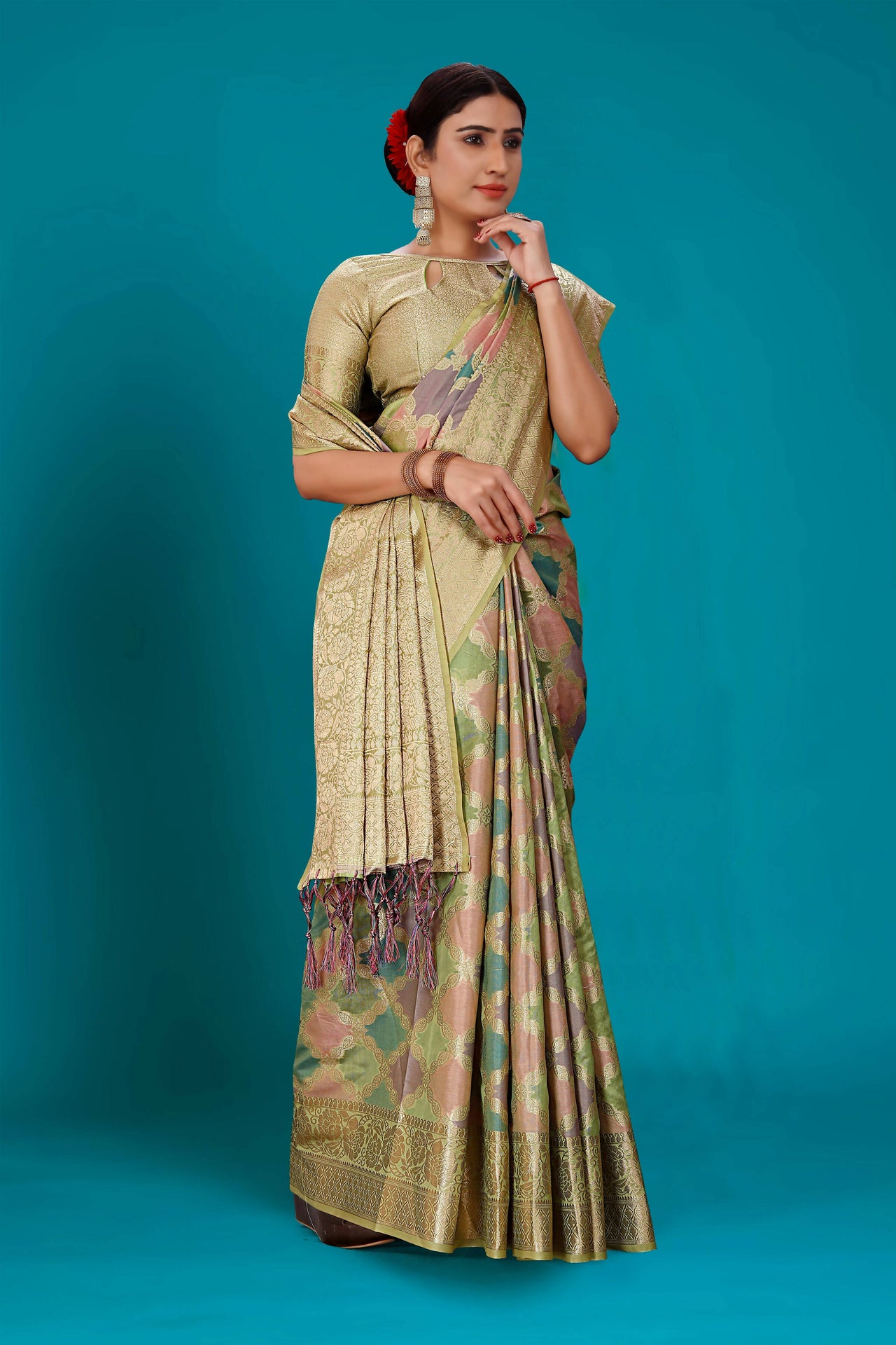 Green Soft Organza Woven Design Saree with Unstitched Blouse Piece - Zaara - Distacart