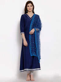 Thumbnail for Myshka Women's Navy Blue Cotton 3/4 Sleeve V Neck Solid Casual Anarkali Kurta Dupatta Set