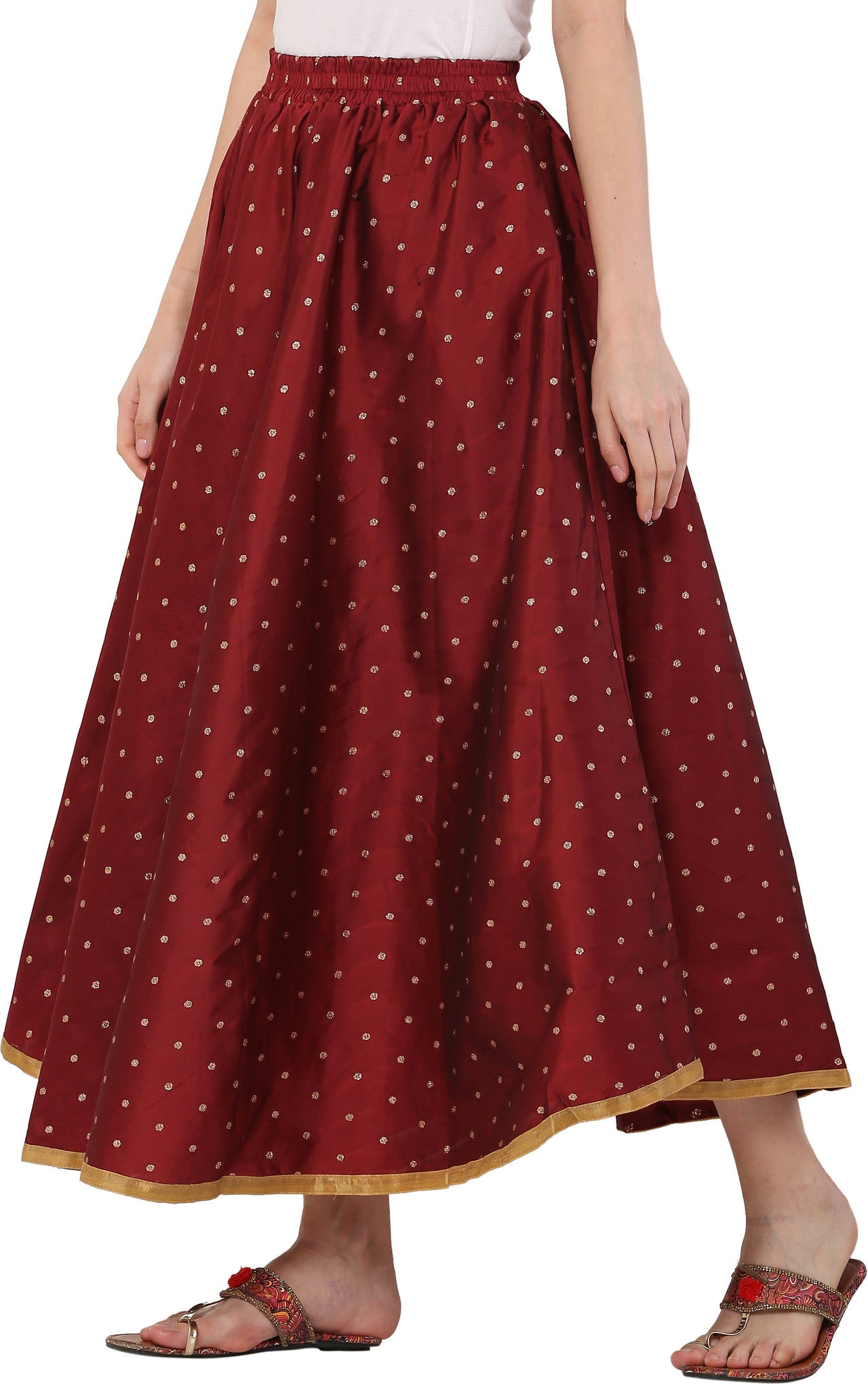 Buy PAVONINE Maroon Color Golden Zari Work Satan Fabric Maxi Skirt For  Women Online at Best Price | Distacart