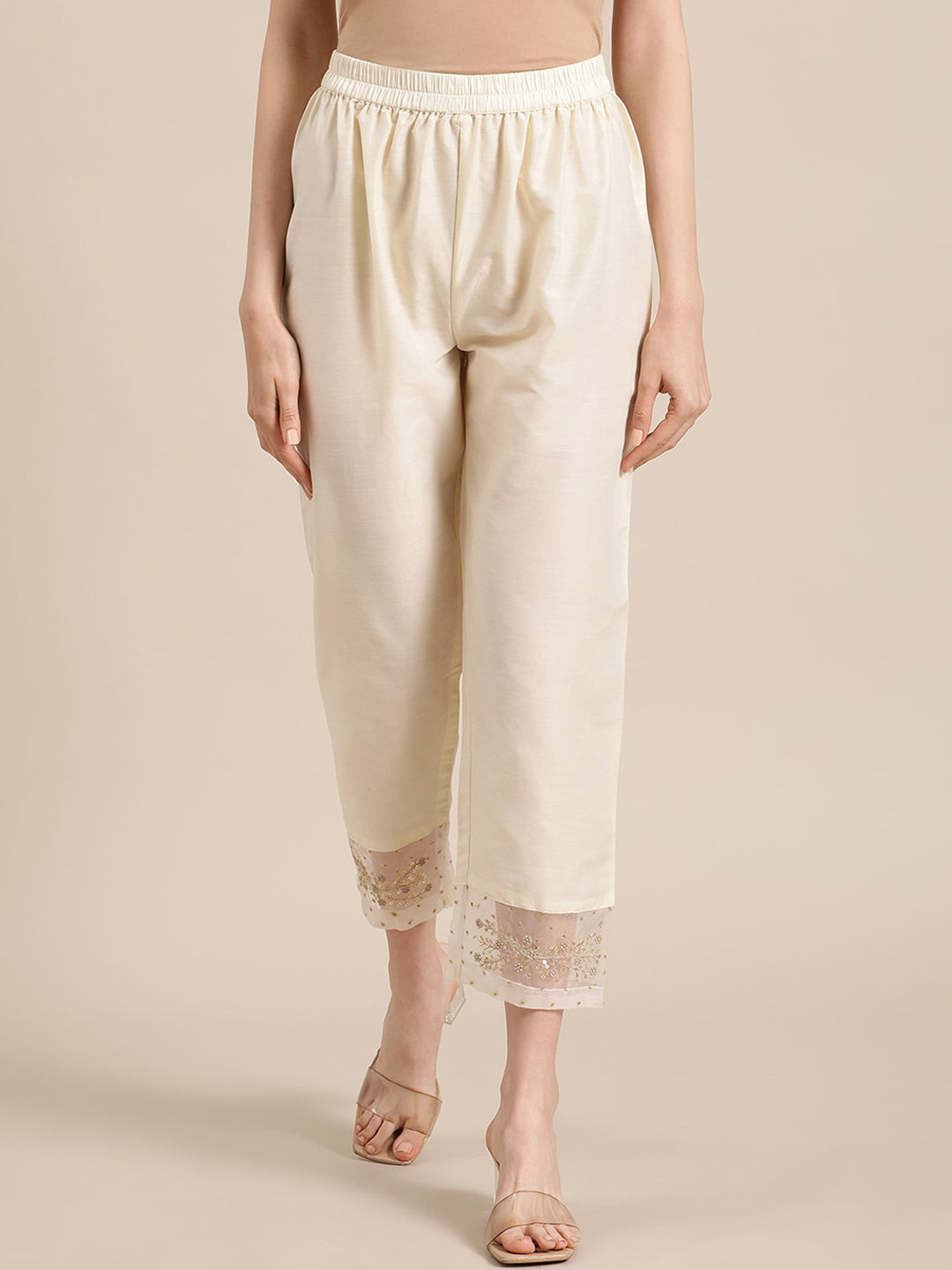 Varanga Varanga Off White Silk & Organza Zari Embellished Trousers - Distacart