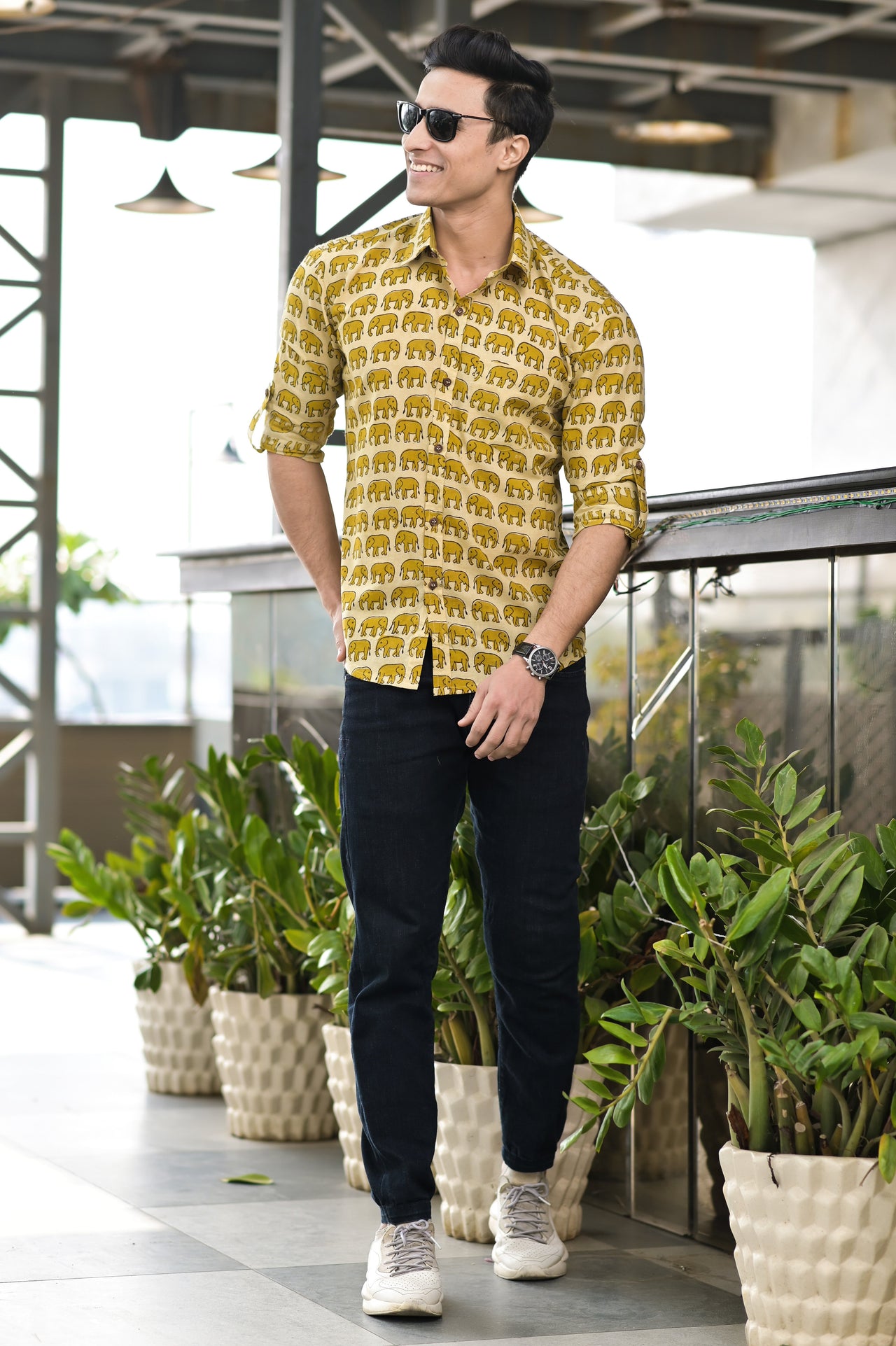 NOZ2TOZ Men Coversational Printed Cotton Casual Shirt - Yellow - Distacart