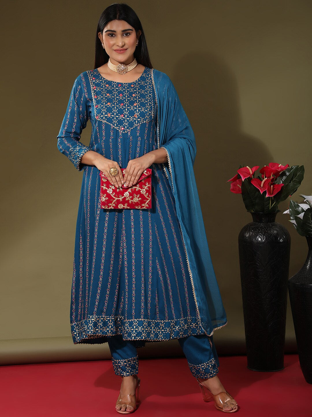 NOZ2TOZ Women's Blue Printed Gotta Patti Kurta with Trousers & Dupatta - Distacart