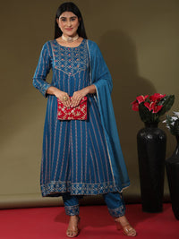 Thumbnail for NOZ2TOZ Women's Blue Printed Gotta Patti Kurta with Trousers & Dupatta - Distacart