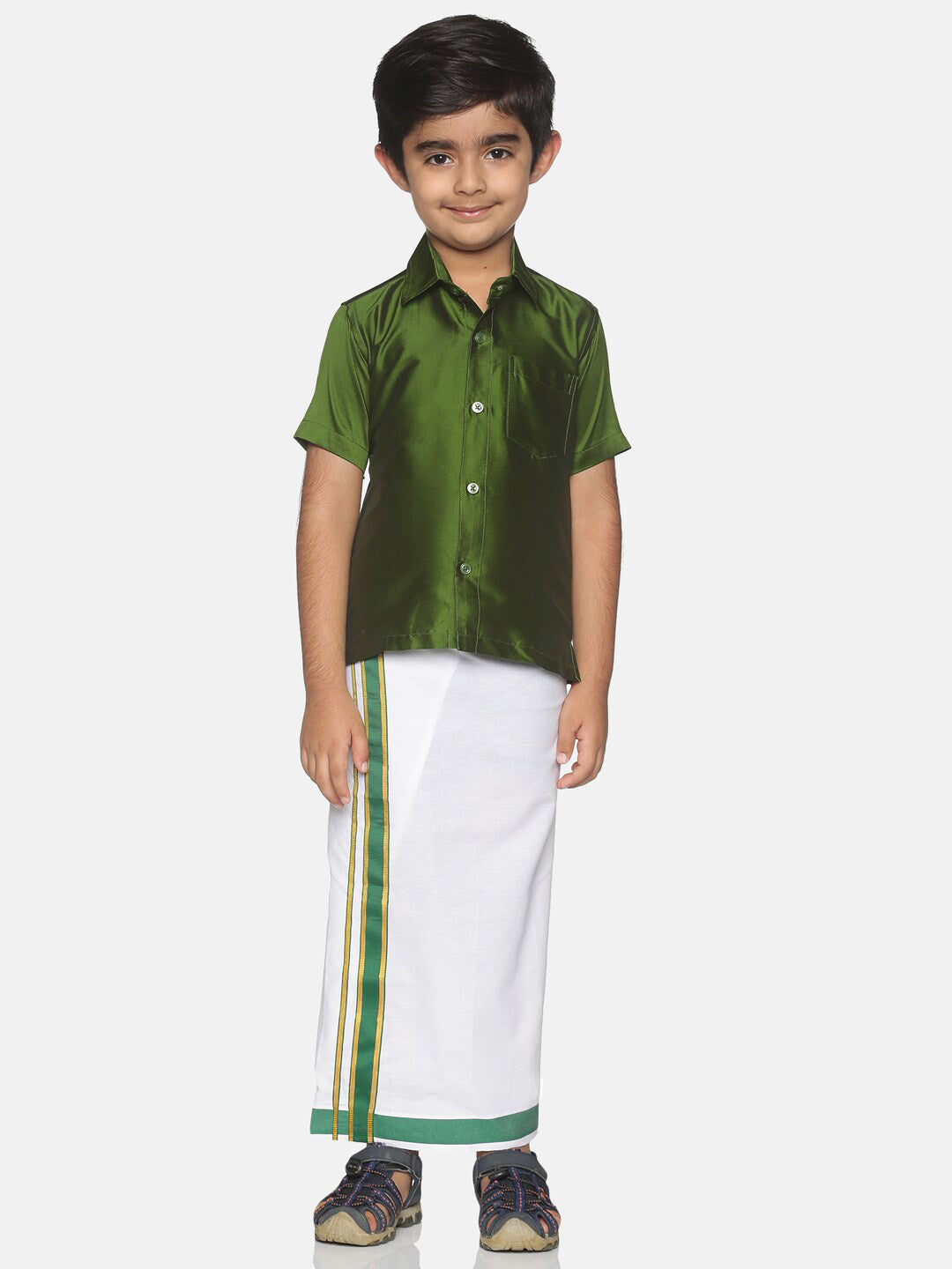 Sethukrishna Boys Olive Green & White Solid Shirt and Veshti Set - Distacart