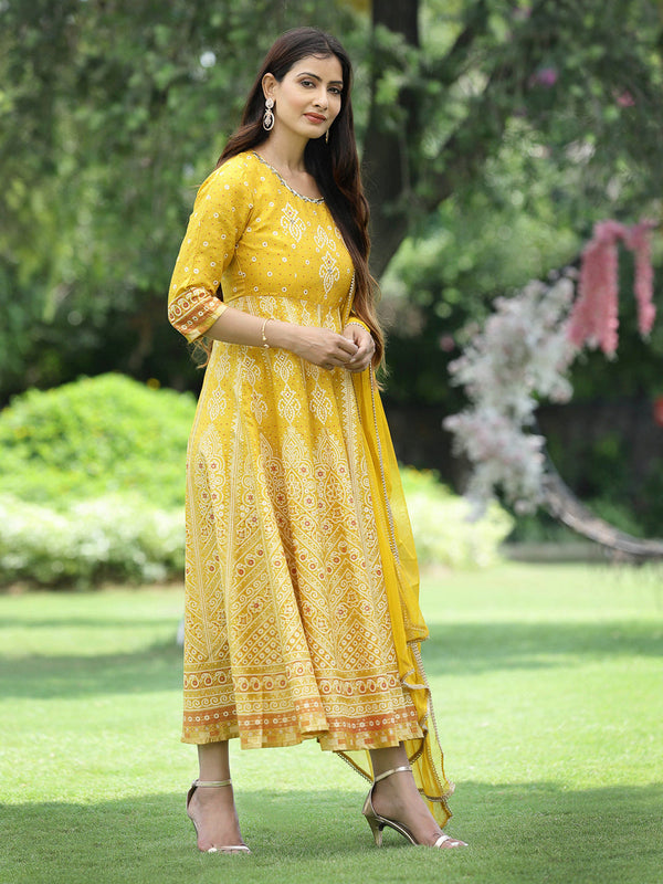 Description Juniper Women Mustard Santoon Slub Festive Khadi Print Flared Kurta Dupatta Set