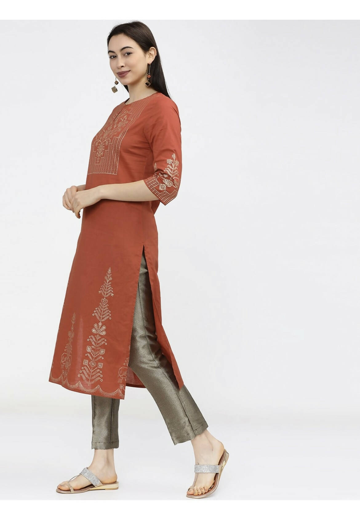 Cheera Embellished Daily Wear Cotton Blend Kurta - Brown - Distacart