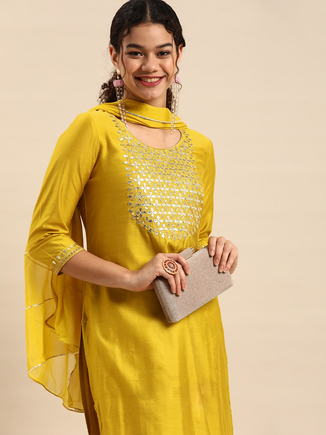 Anouk Women Mustard Yellow Yoke Design Chanderi Silk Kurta with Palazzos & Dupatta - Distacart