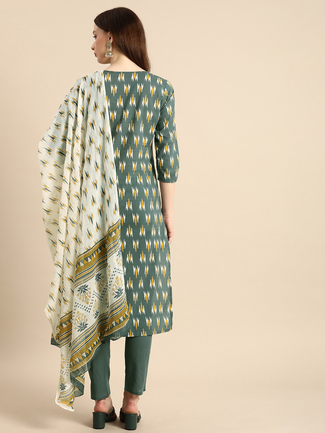 All About You Women Grey Ikat Printed Pure Cotton Kurta with Trousers & Dupatta - Distacart