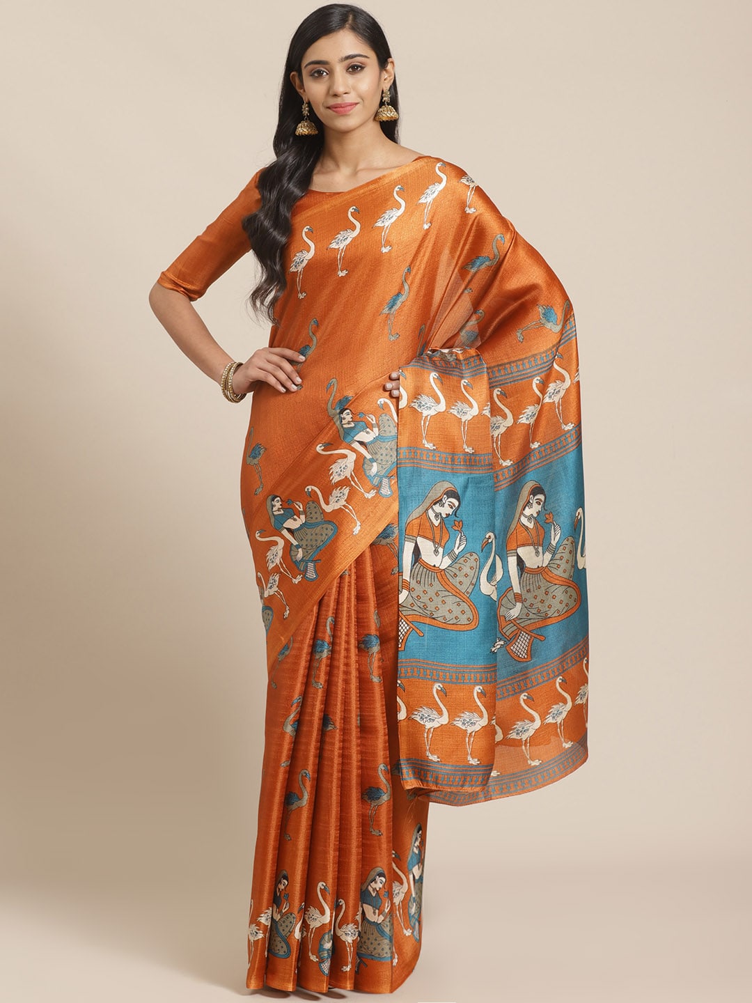 Saree Mall Rust Orange & Beige Ethnic Motifs Print Bhagalpuri Saree - Distacart