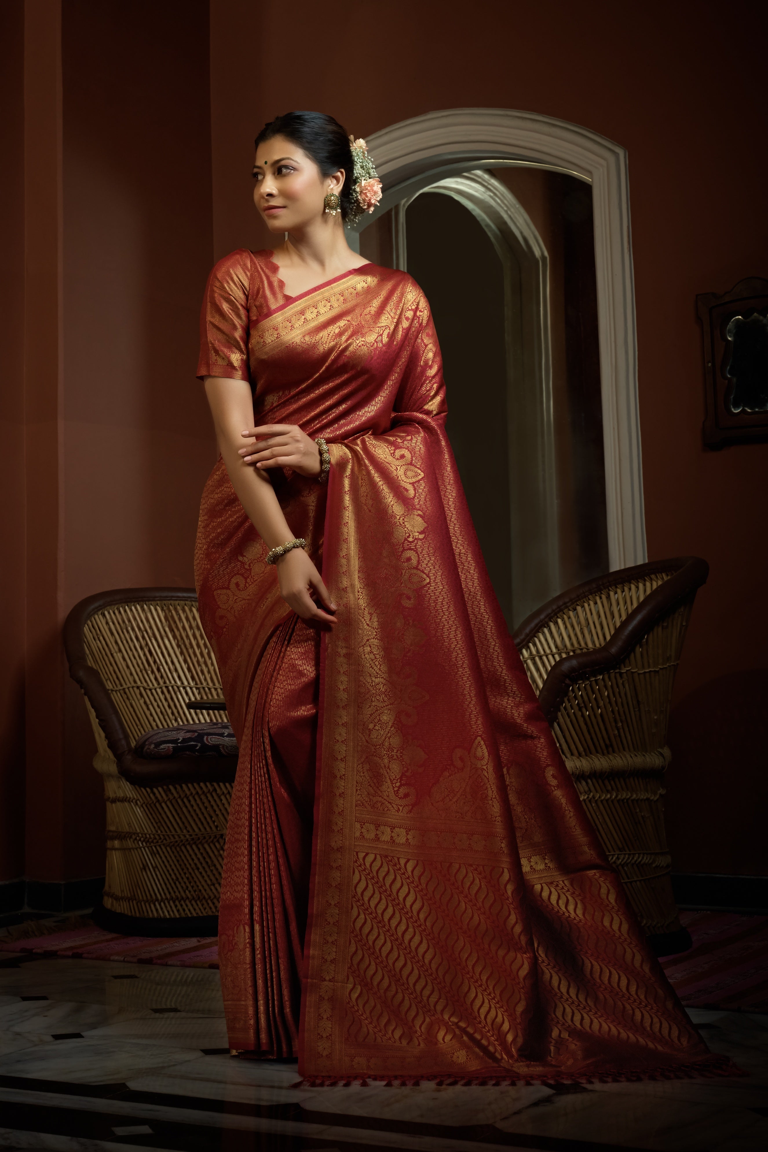 Shop Golden Striped Tissue Silk Saree Online in USA| Red Saree Blouse –  Pure Elegance