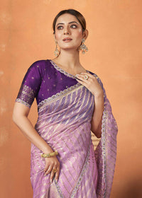 Thumbnail for Violet Organza Silk Woven Design Saree With Unstitched Blouse Piece - Norita Royal Pradha - Distacart