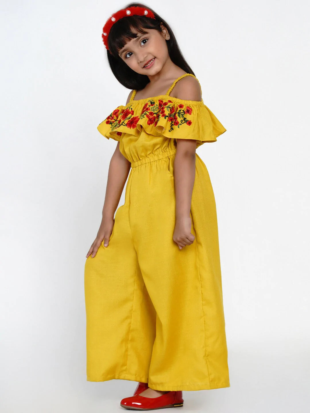 NOZ2TOZ Mustard Red Basic Jumpsuit with Embroidered For Girls