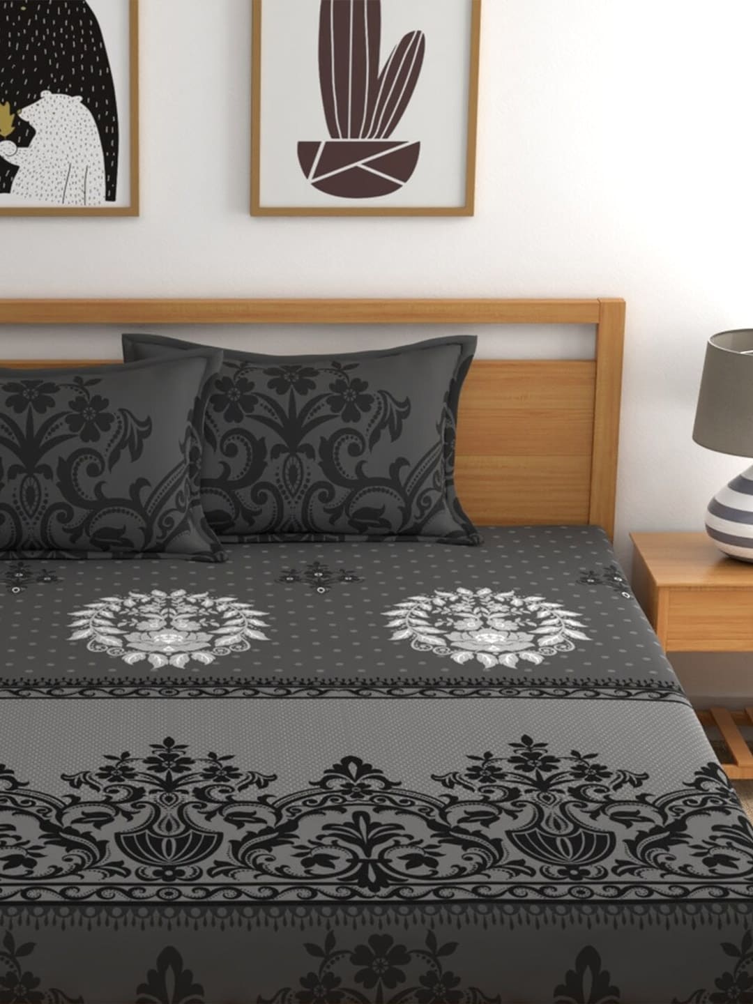 Dreamscape Grey & White Ethnic Motifs 144 TC Queen Bedsheet with 2 Pillow Covers - Distacart
